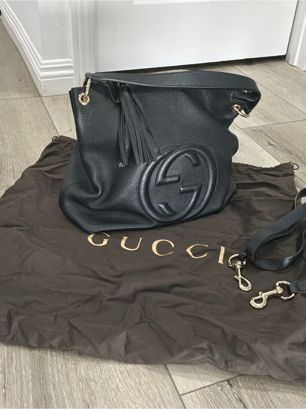 Gucci Black Pebbled Leather Soho Hobo with Tassel and Gold Hardware
